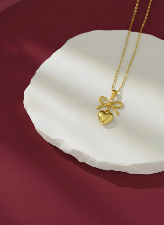 Stainless steel Gold Bow Heart Pendant